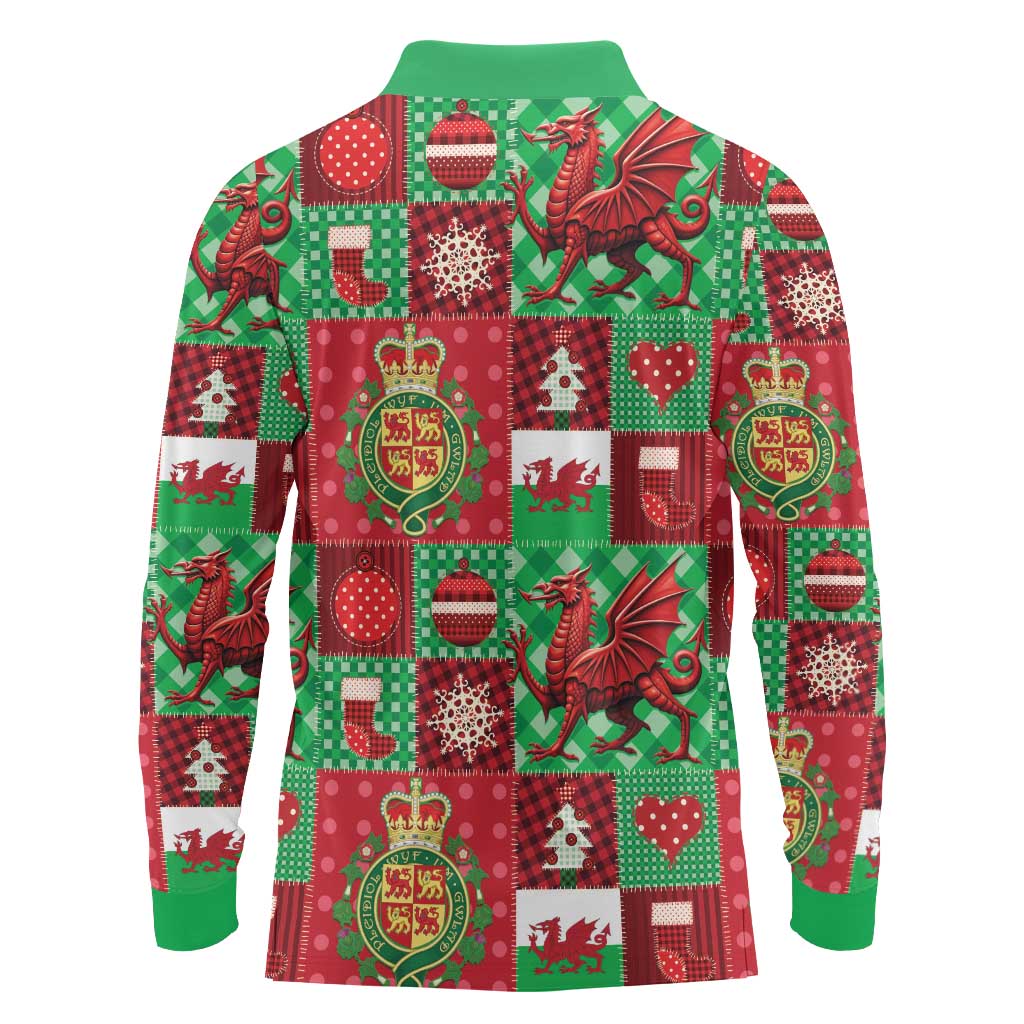 Wales Christmas Patchwork Long Sleeve Polo Shirt - Wonder Print Shop
