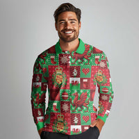Wales Christmas Patchwork Long Sleeve Polo Shirt - Wonder Print Shop