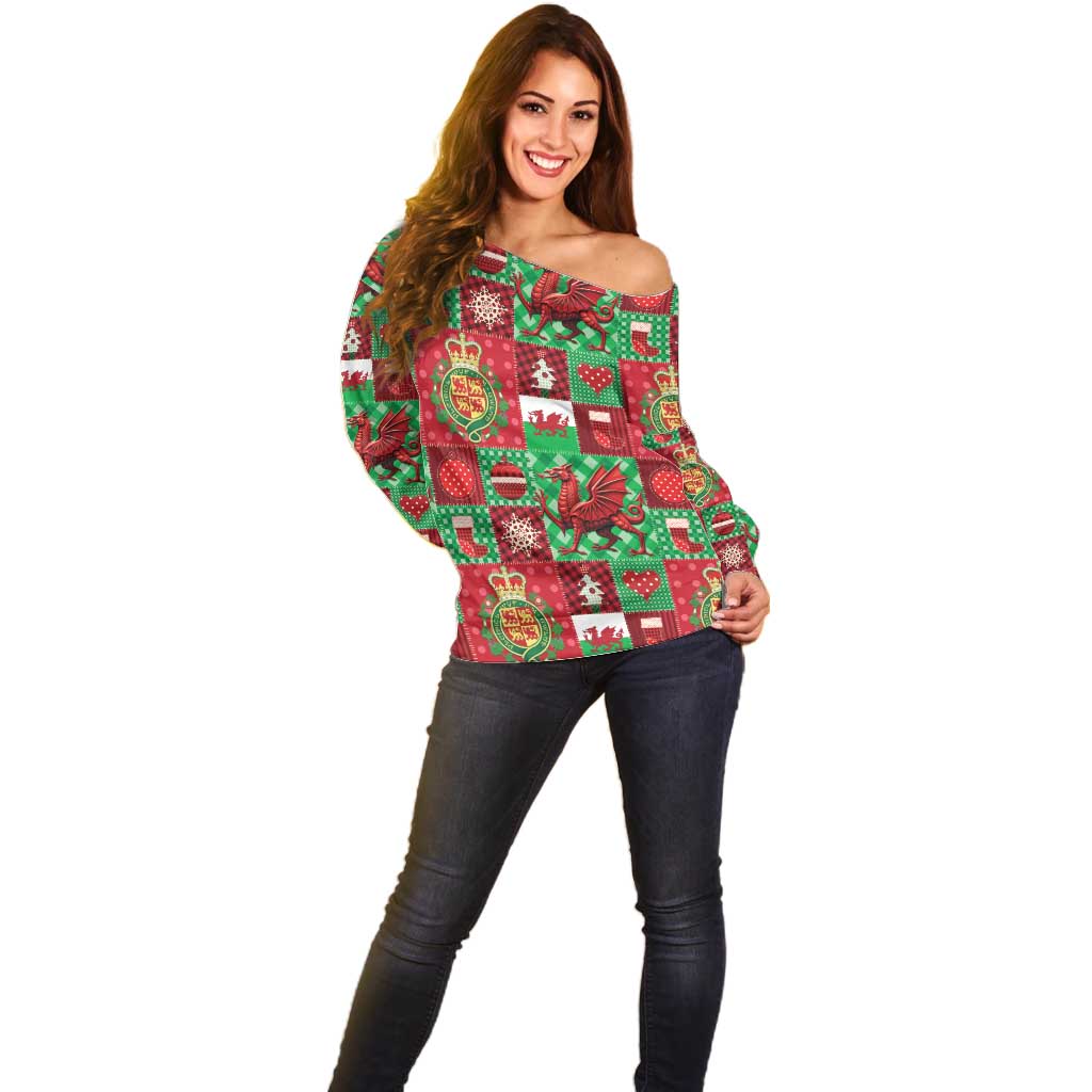 Wales Christmas Patchwork Off Shoulder Sweater - Wonder Print Shop