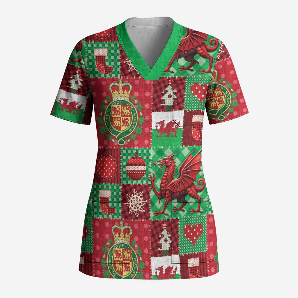 Wales Christmas Patchwork Scrub Top - Wonder Print Shop