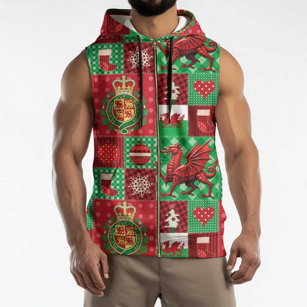 Wales Christmas Patchwork Sleeveless Zip Hoodie - Wonder Print Shop