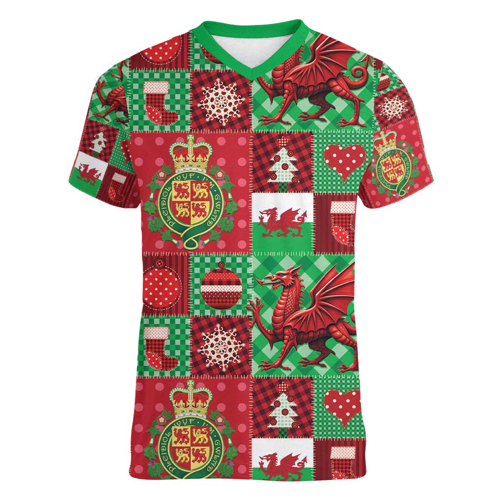 Wales Christmas Patchwork Women V-Neck T-Shirt - Wonder Print Shop