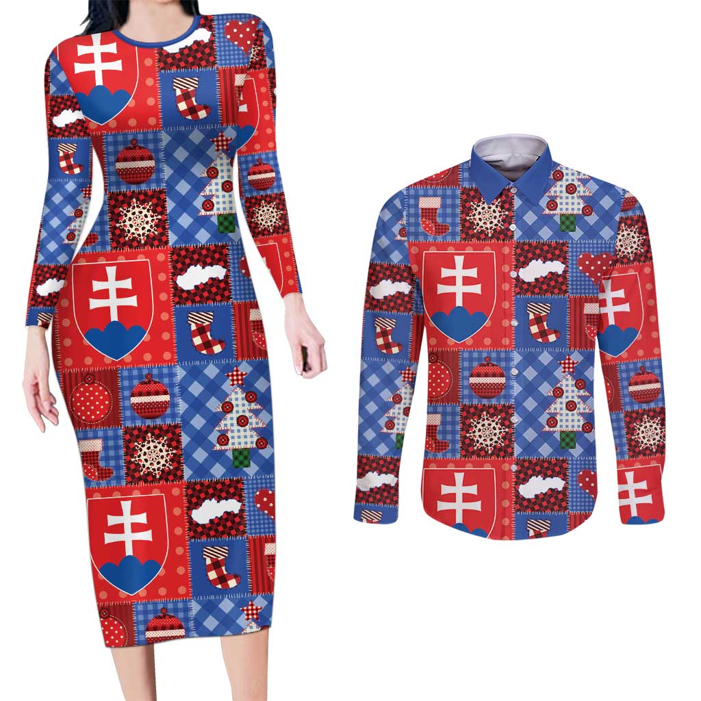 Slovakia Christmas Patchwork Couples Matching Long Sleeve Bodycon Dress and Long Sleeve Button Shirt - Wonder Print Shop
