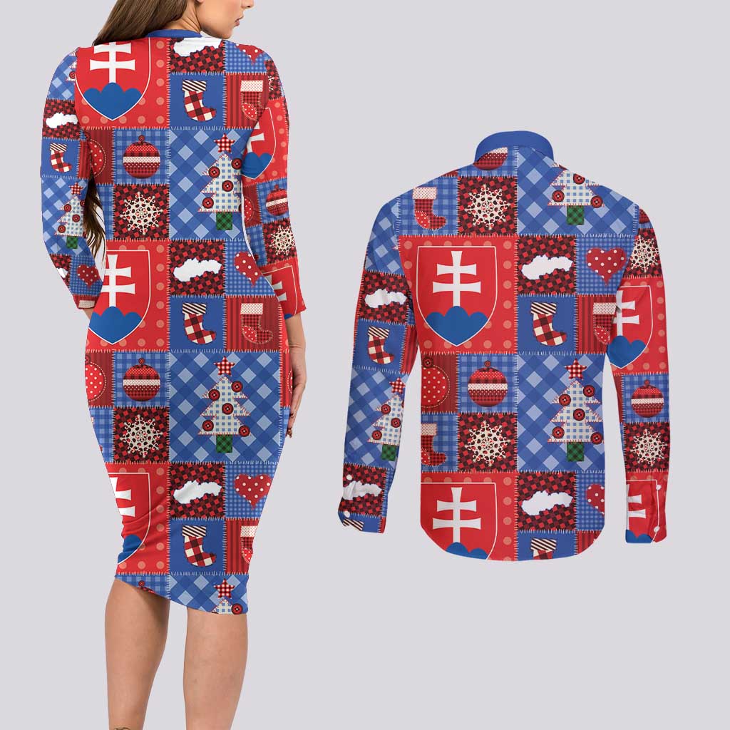 Slovakia Christmas Patchwork Couples Matching Long Sleeve Bodycon Dress and Long Sleeve Button Shirt - Wonder Print Shop