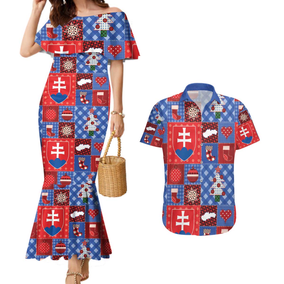 Slovakia Christmas Patchwork Couples Matching Mermaid Dress and Hawaiian Shirt - Wonder Print Shop