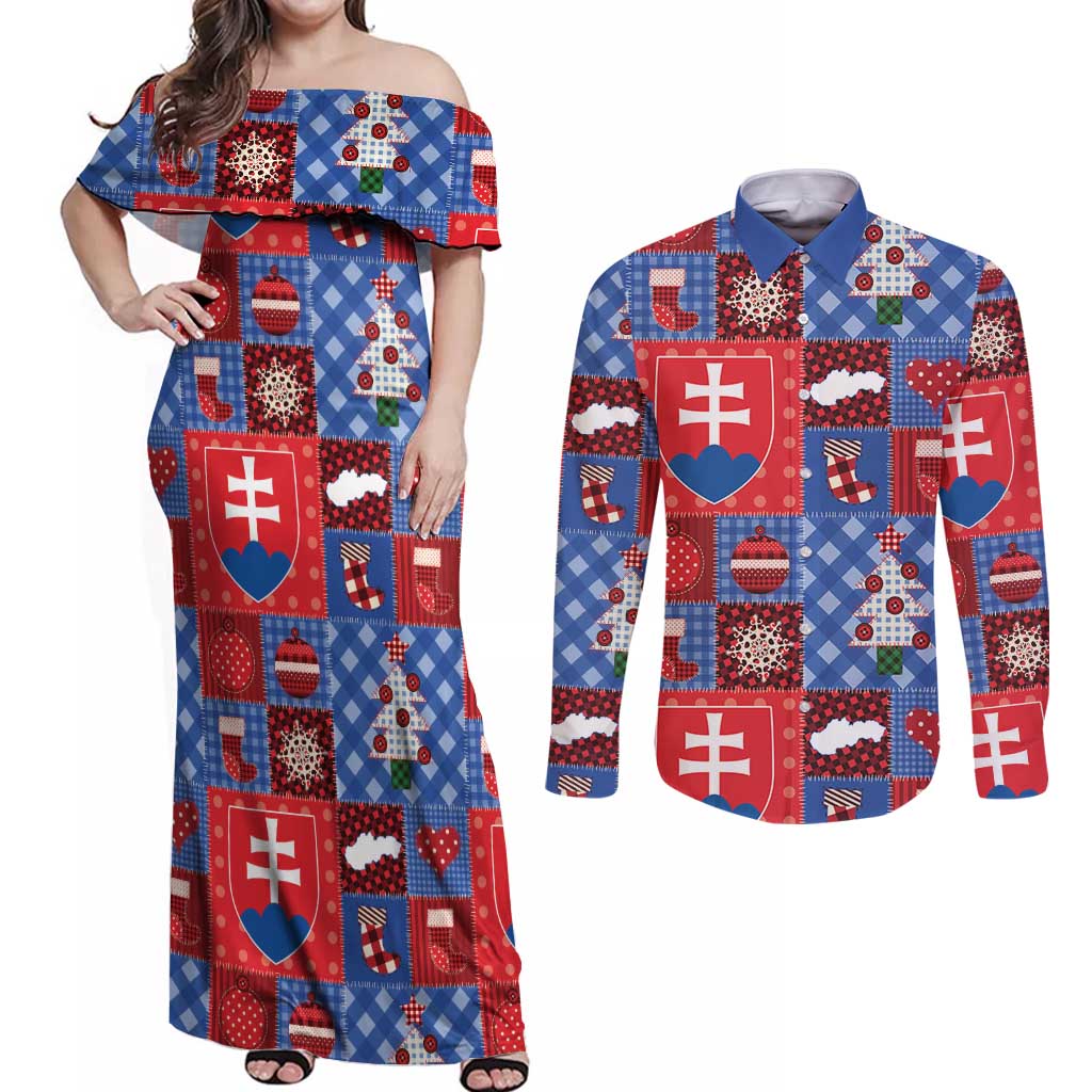 Slovakia Christmas Patchwork Couples Matching Off Shoulder Maxi Dress and Long Sleeve Button Shirt - Wonder Print Shop