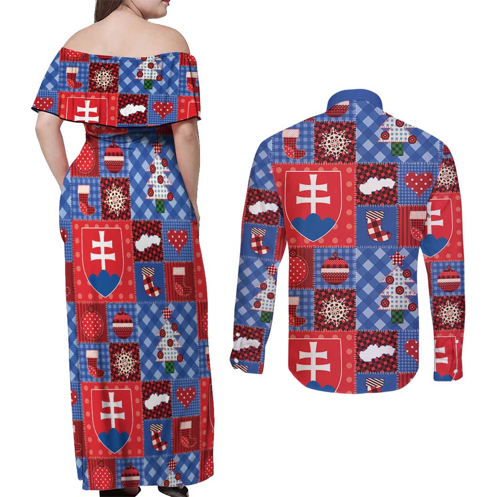 Slovakia Christmas Patchwork Couples Matching Off Shoulder Maxi Dress and Long Sleeve Button Shirt - Wonder Print Shop