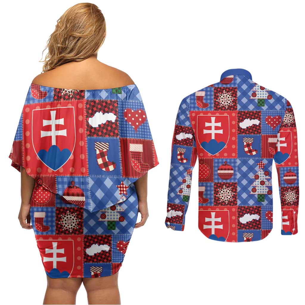 Slovakia Christmas Patchwork Couples Matching Off Shoulder Short Dress and Long Sleeve Button Shirt - Wonder Print Shop