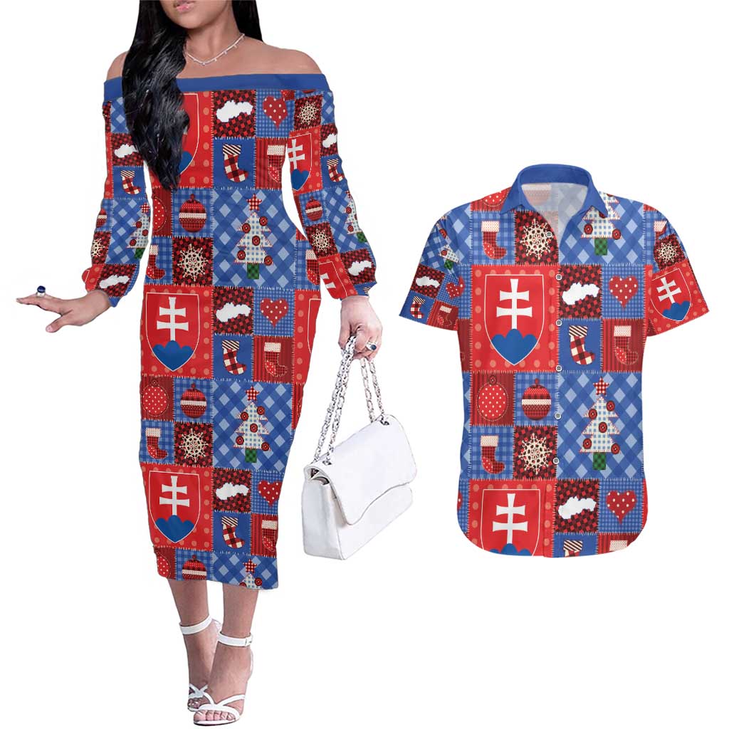 Slovakia Christmas Patchwork Couples Matching Off The Shoulder Long Sleeve Dress and Hawaiian Shirt - Wonder Print Shop