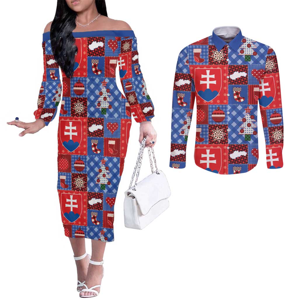 Slovakia Christmas Patchwork Couples Matching Off The Shoulder Long Sleeve Dress and Long Sleeve Button Shirt - Wonder Print Shop