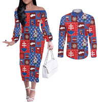 Slovakia Christmas Patchwork Couples Matching Off The Shoulder Long Sleeve Dress and Long Sleeve Button Shirt - Wonder Print Shop