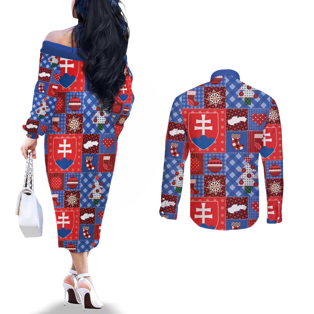 Slovakia Christmas Patchwork Couples Matching Off The Shoulder Long Sleeve Dress and Long Sleeve Button Shirt - Wonder Print Shop
