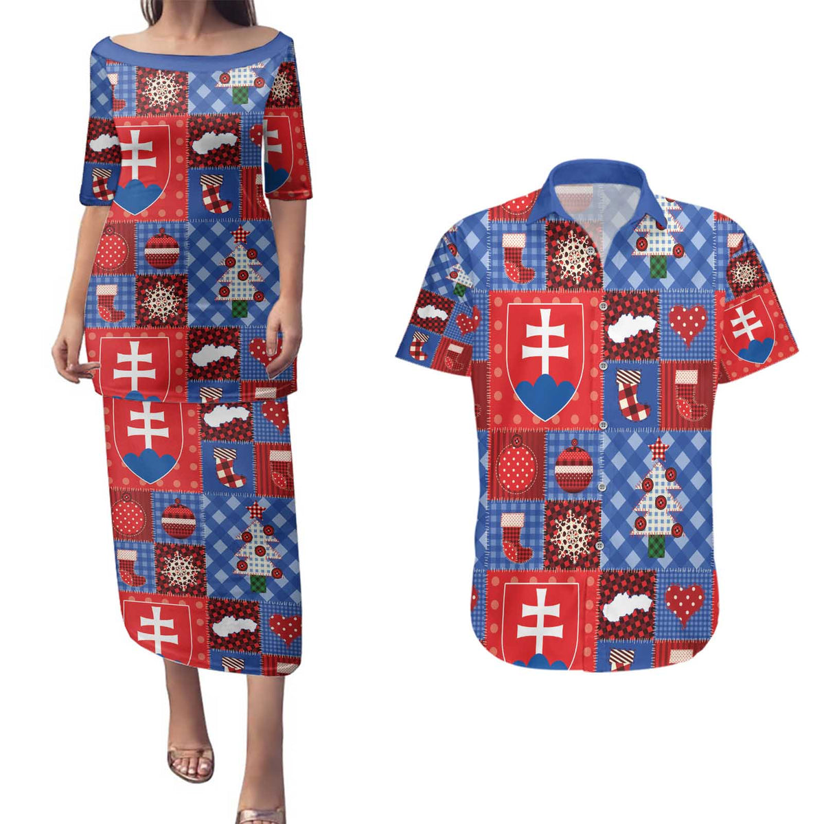 Slovakia Christmas Patchwork Couples Matching Puletasi and Hawaiian Shirt - Wonder Print Shop