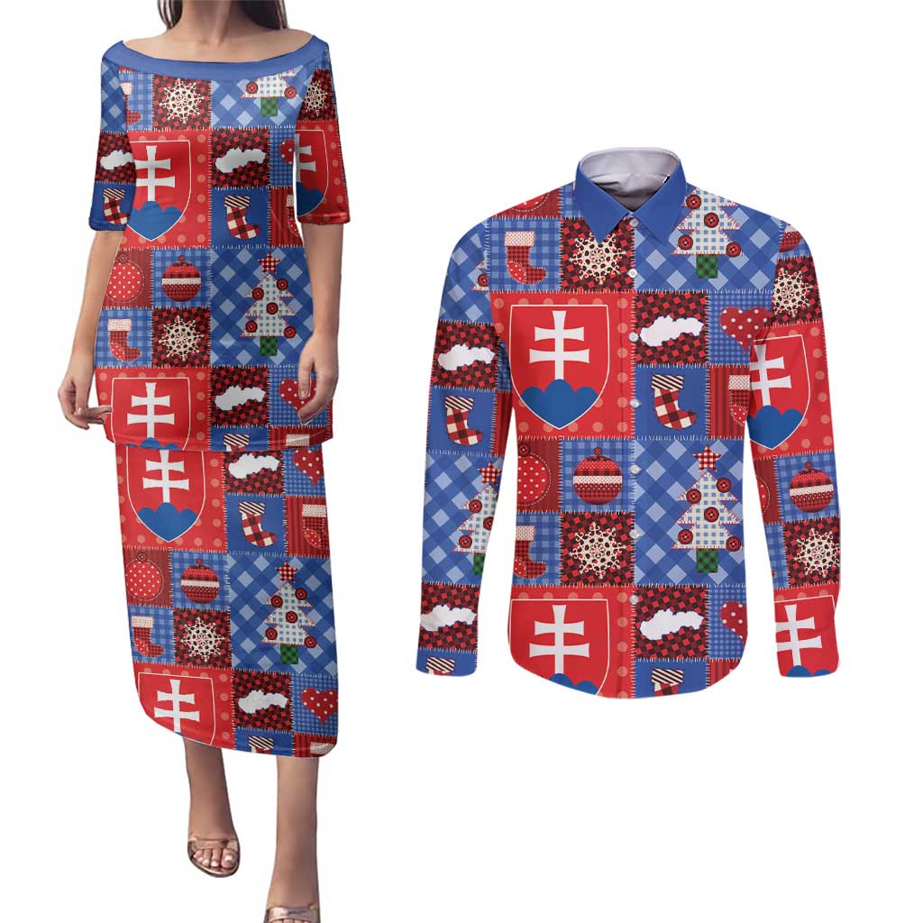 Slovakia Christmas Patchwork Couples Matching Puletasi and Long Sleeve Button Shirt - Wonder Print Shop