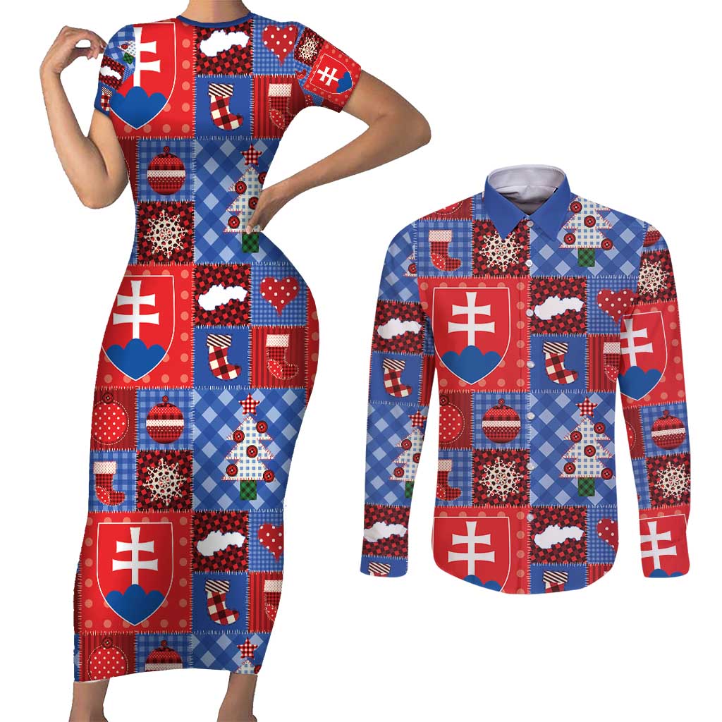 Slovakia Christmas Patchwork Couples Matching Short Sleeve Bodycon Dress and Long Sleeve Button Shirt - Wonder Print Shop