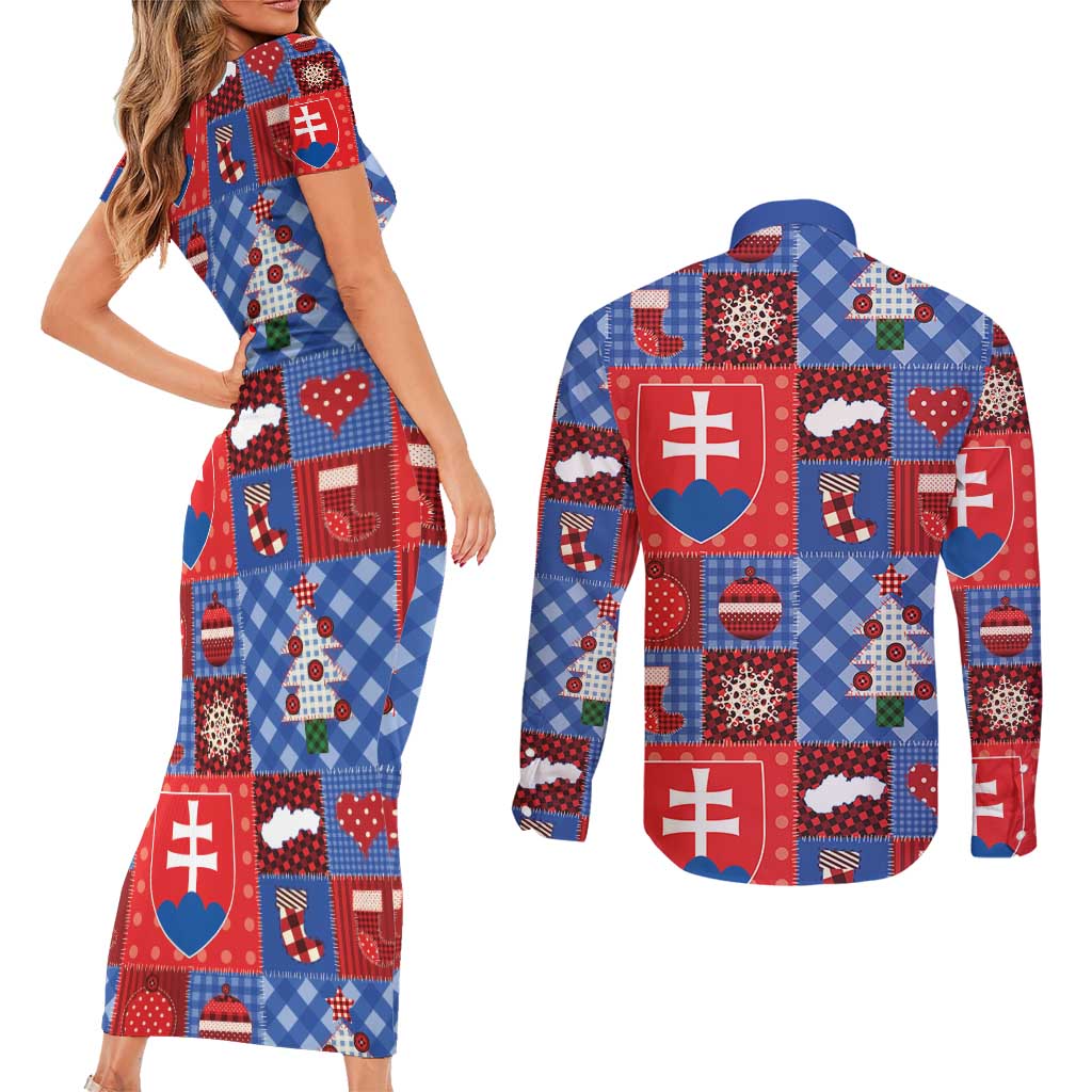 Slovakia Christmas Patchwork Couples Matching Short Sleeve Bodycon Dress and Long Sleeve Button Shirt - Wonder Print Shop