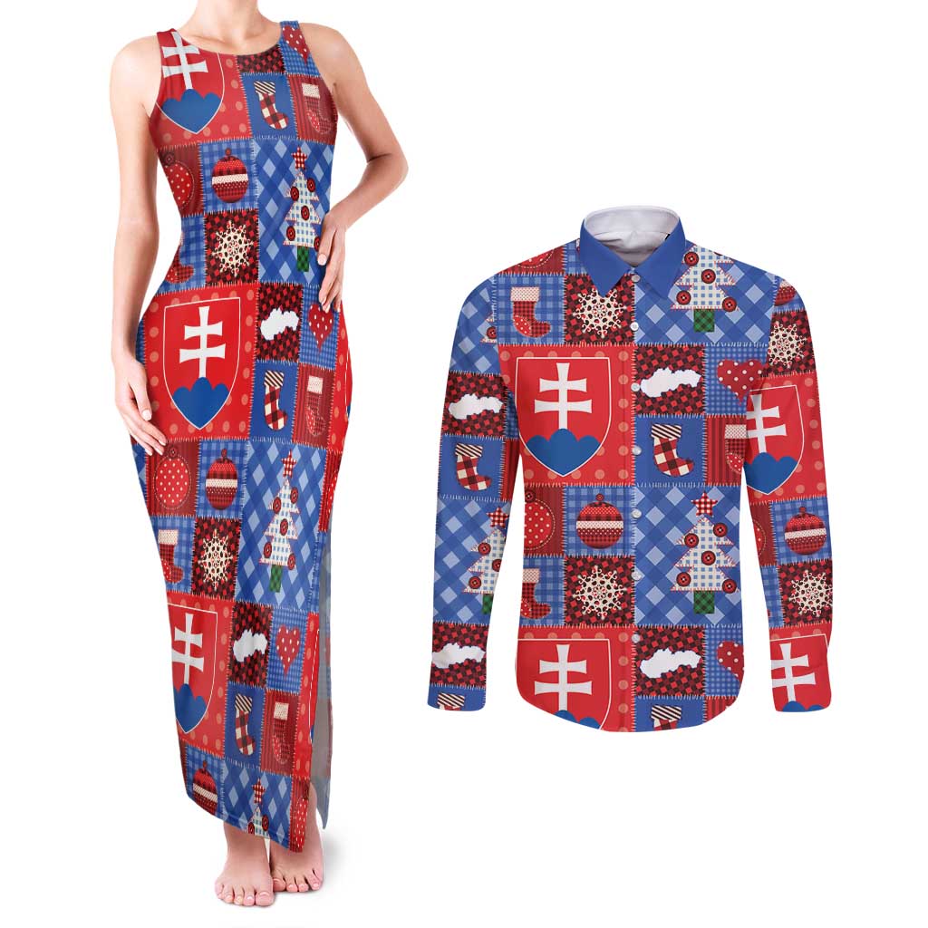 Slovakia Christmas Patchwork Couples Matching Tank Maxi Dress and Long Sleeve Button Shirt - Wonder Print Shop