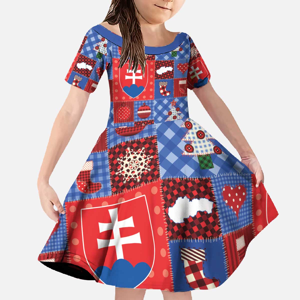 Slovakia Christmas Patchwork Family Matching Off The Shoulder Long Sleeve Dress and Hawaiian Shirt - Wonder Print Shop
