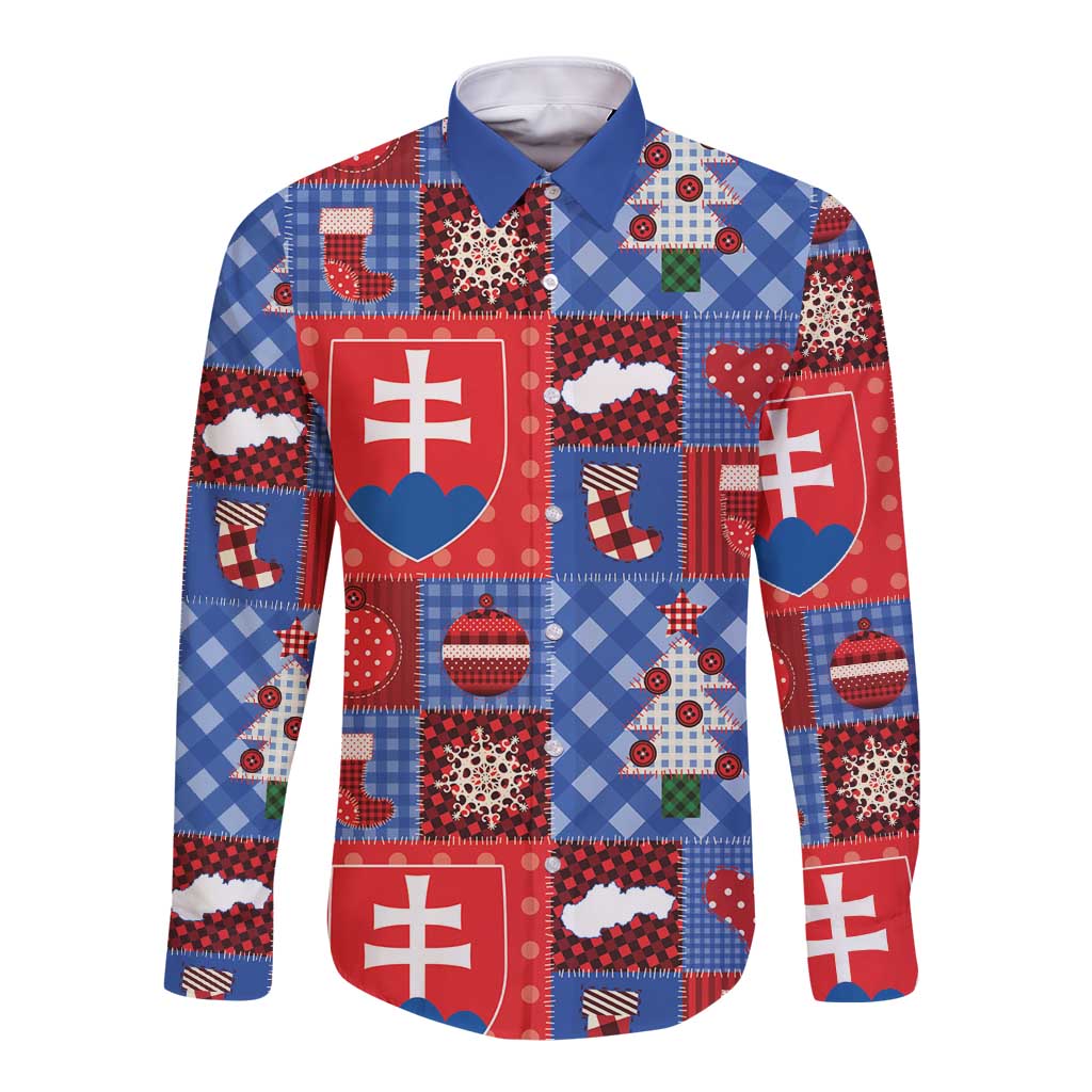 Slovakia Christmas Patchwork Long Sleeve Button Shirt - Wonder Print Shop