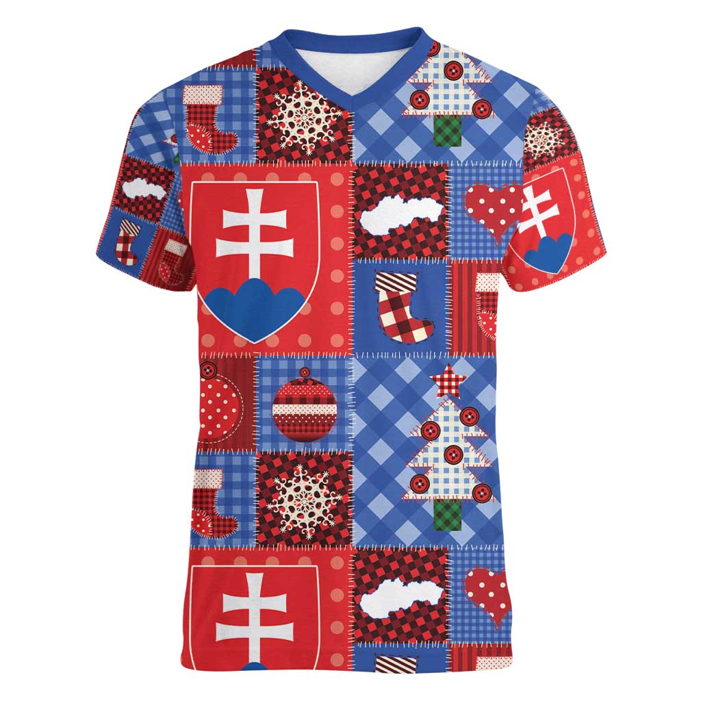 Slovakia Christmas Patchwork Women V-Neck T-Shirt - Wonder Print Shop