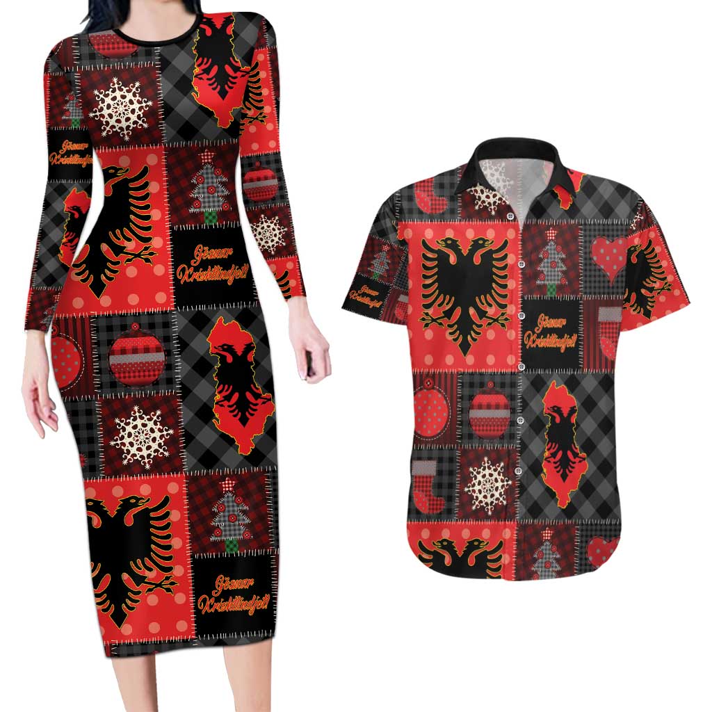 Albania Christmas Patchwork Couples Matching Long Sleeve Bodycon Dress and Hawaiian Shirt - Wonder Print Shop