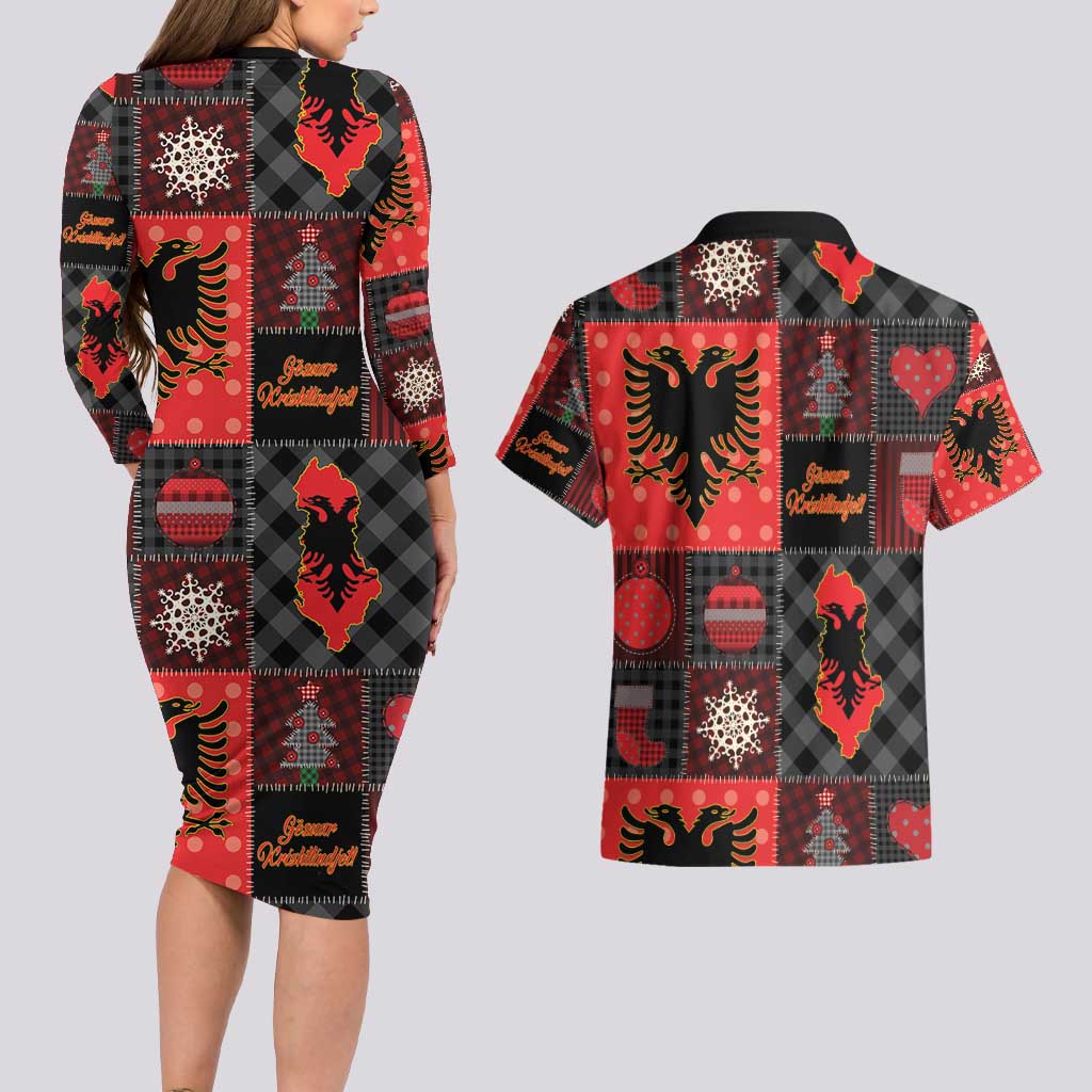 Albania Christmas Patchwork Couples Matching Long Sleeve Bodycon Dress and Hawaiian Shirt - Wonder Print Shop