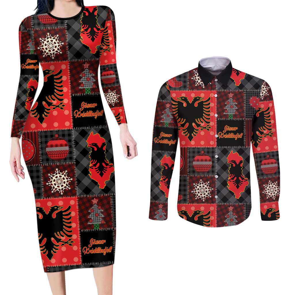 Albania Christmas Patchwork Couples Matching Long Sleeve Bodycon Dress and Long Sleeve Button Shirt - Wonder Print Shop