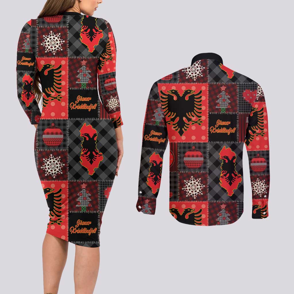 Albania Christmas Patchwork Couples Matching Long Sleeve Bodycon Dress and Long Sleeve Button Shirt - Wonder Print Shop