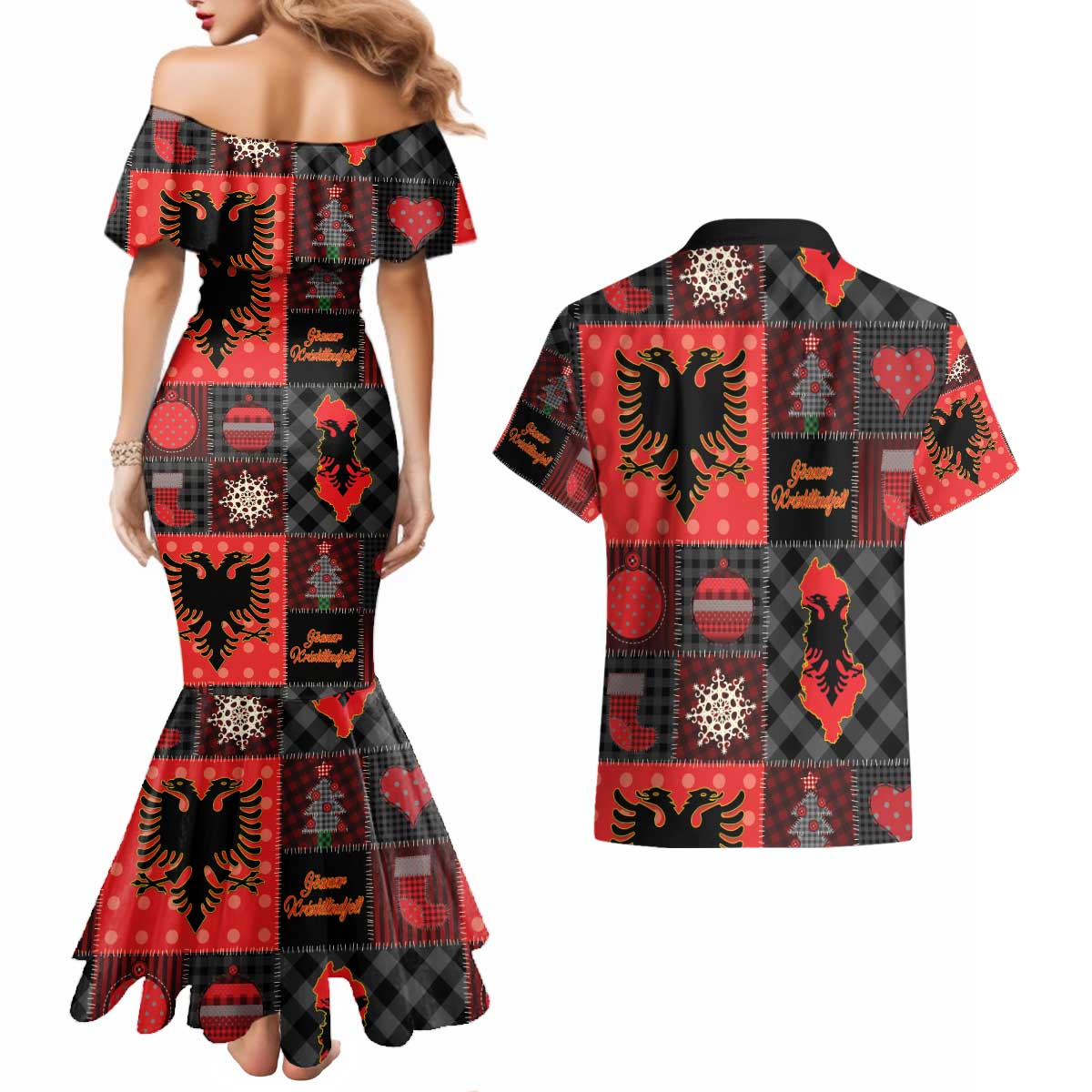 Albania Christmas Patchwork Couples Matching Mermaid Dress and Hawaiian Shirt - Wonder Print Shop