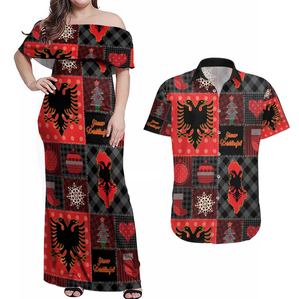 Albania Christmas Patchwork Couples Matching Off Shoulder Maxi Dress and Hawaiian Shirt - Wonder Print Shop