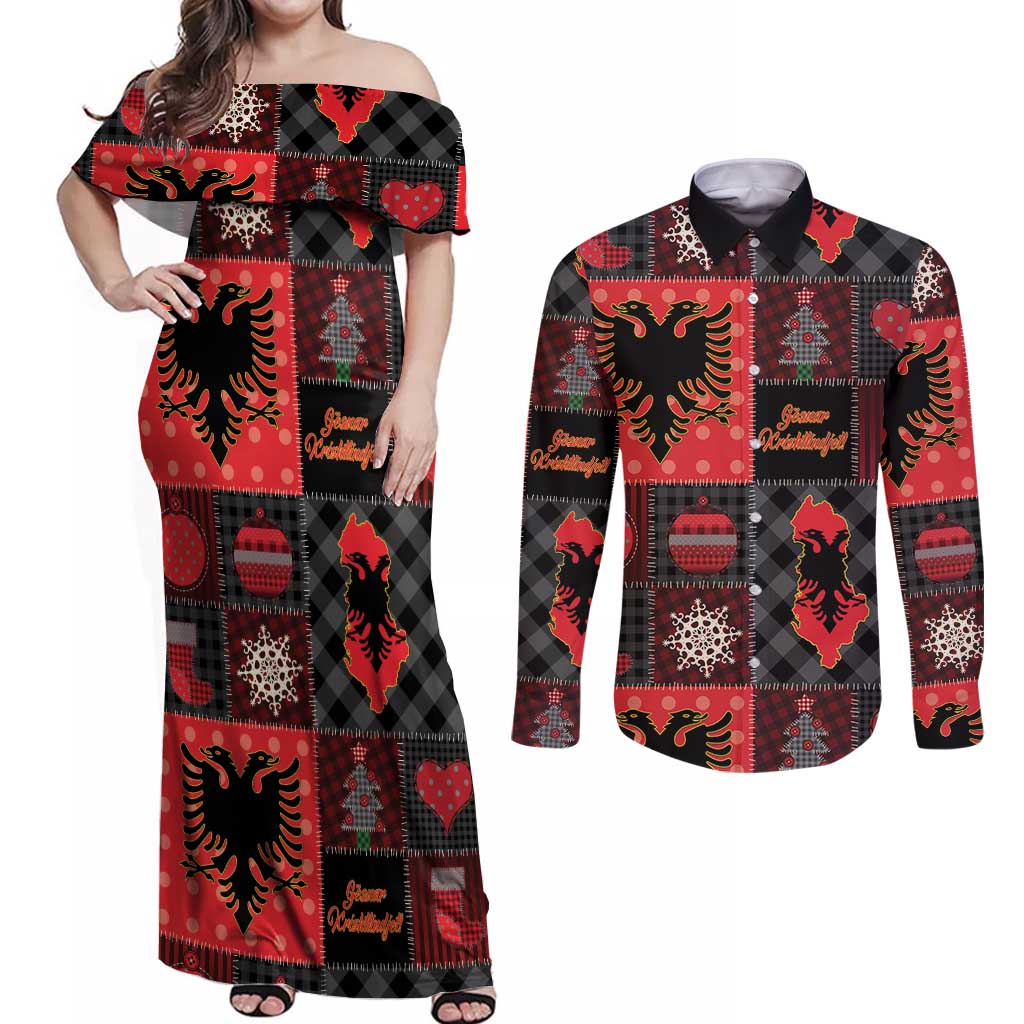Albania Christmas Patchwork Couples Matching Off Shoulder Maxi Dress and Long Sleeve Button Shirt - Wonder Print Shop