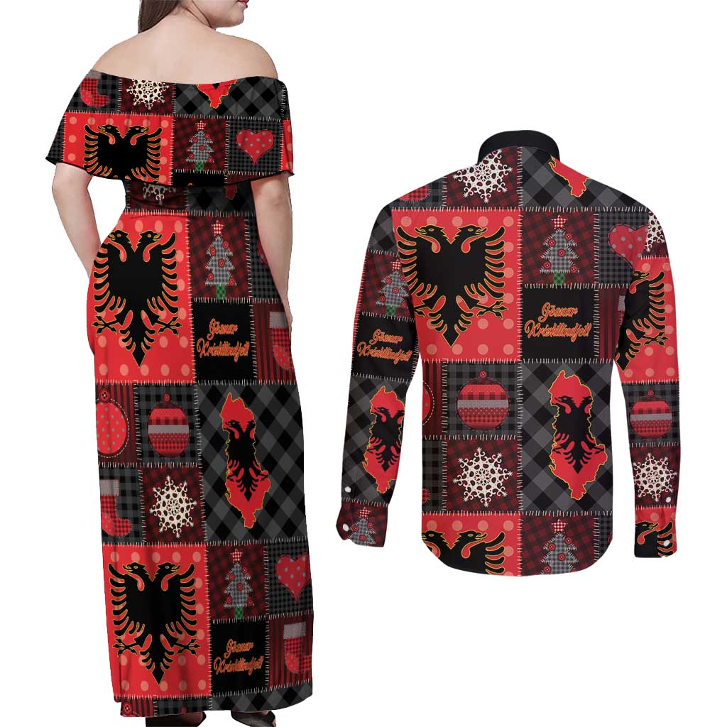 Albania Christmas Patchwork Couples Matching Off Shoulder Maxi Dress and Long Sleeve Button Shirt - Wonder Print Shop