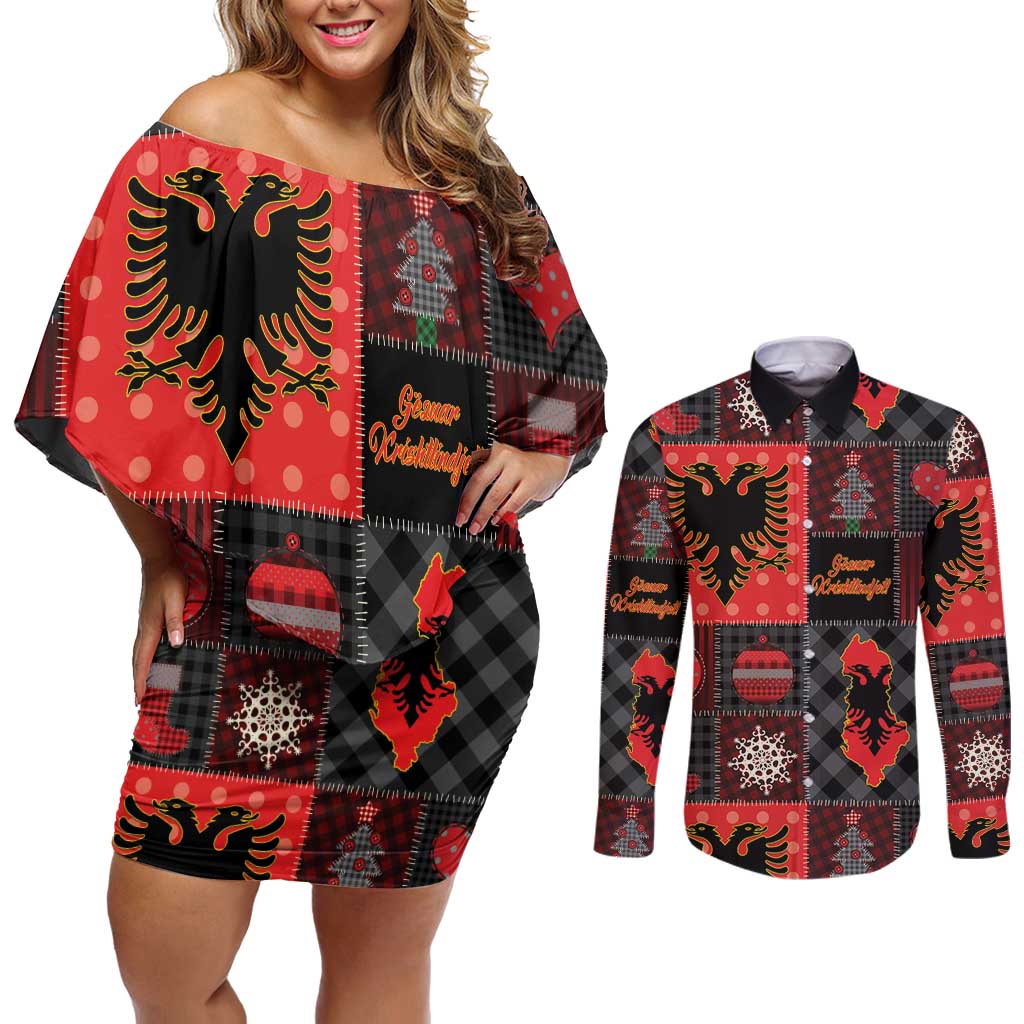 Albania Christmas Patchwork Couples Matching Off Shoulder Short Dress and Long Sleeve Button Shirt - Wonder Print Shop