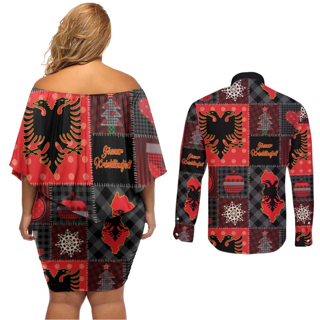 Albania Christmas Patchwork Couples Matching Off Shoulder Short Dress and Long Sleeve Button Shirt - Wonder Print Shop