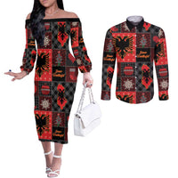 Albania Christmas Patchwork Couples Matching Off The Shoulder Long Sleeve Dress and Long Sleeve Button Shirt - Wonder Print Shop