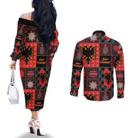 Albania Christmas Patchwork Couples Matching Off The Shoulder Long Sleeve Dress and Long Sleeve Button Shirt - Wonder Print Shop