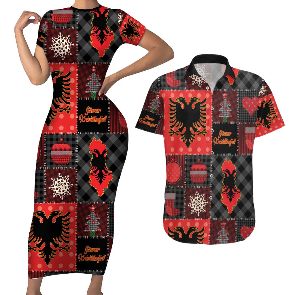 Albania Christmas Patchwork Couples Matching Short Sleeve Bodycon Dress and Hawaiian Shirt - Wonder Print Shop