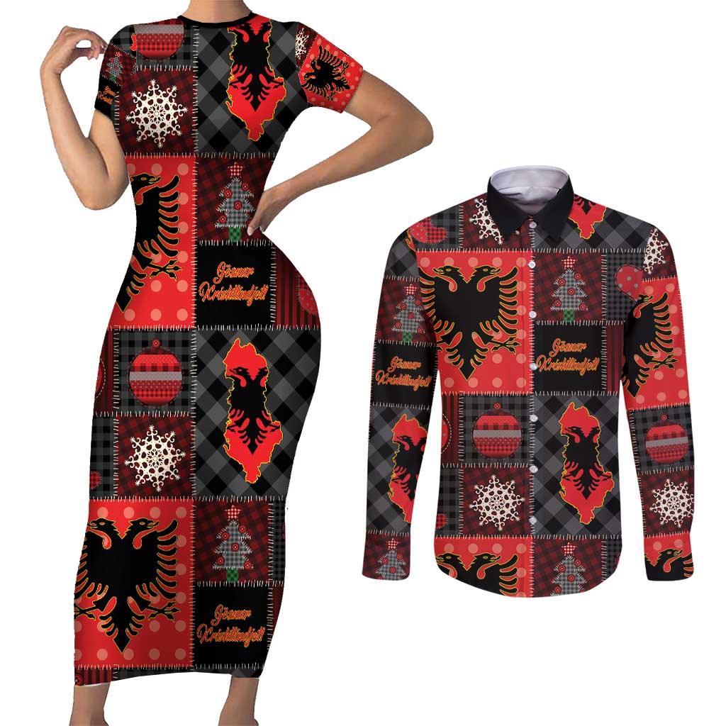 Albania Christmas Patchwork Couples Matching Short Sleeve Bodycon Dress and Long Sleeve Button Shirt - Wonder Print Shop