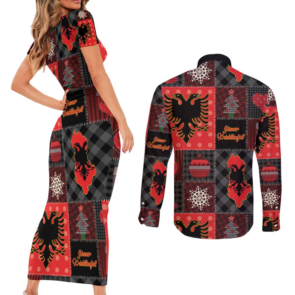 Albania Christmas Patchwork Couples Matching Short Sleeve Bodycon Dress and Long Sleeve Button Shirt - Wonder Print Shop