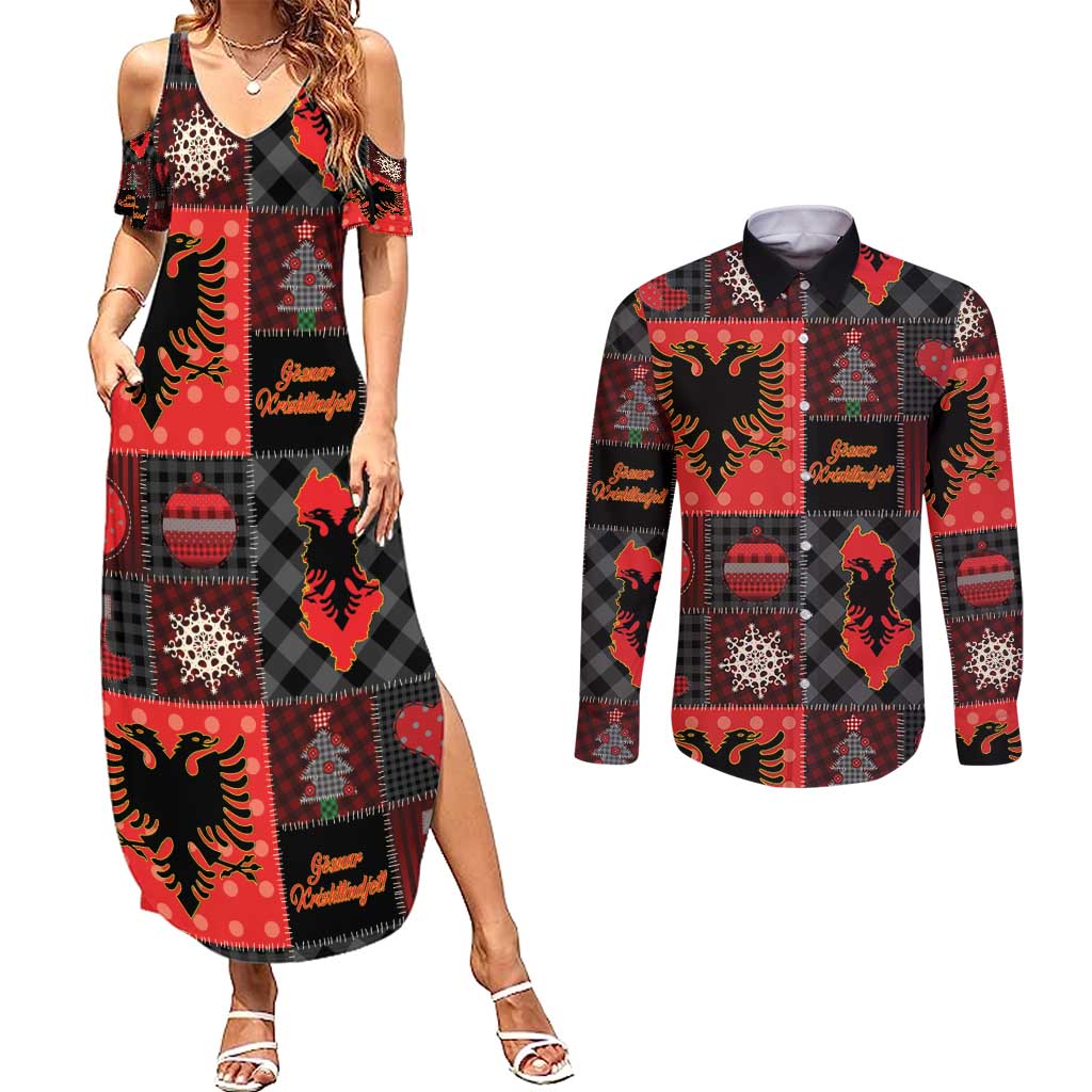 Albania Christmas Patchwork Couples Matching Summer Maxi Dress and Long Sleeve Button Shirt - Wonder Print Shop