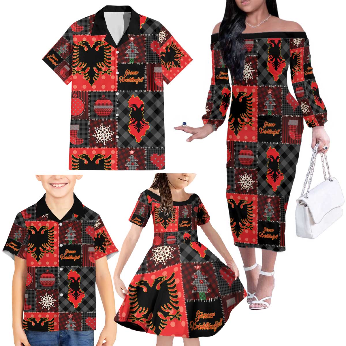Albania Christmas Patchwork Family Matching Off The Shoulder Long Sleeve Dress and Hawaiian Shirt - Wonder Print Shop