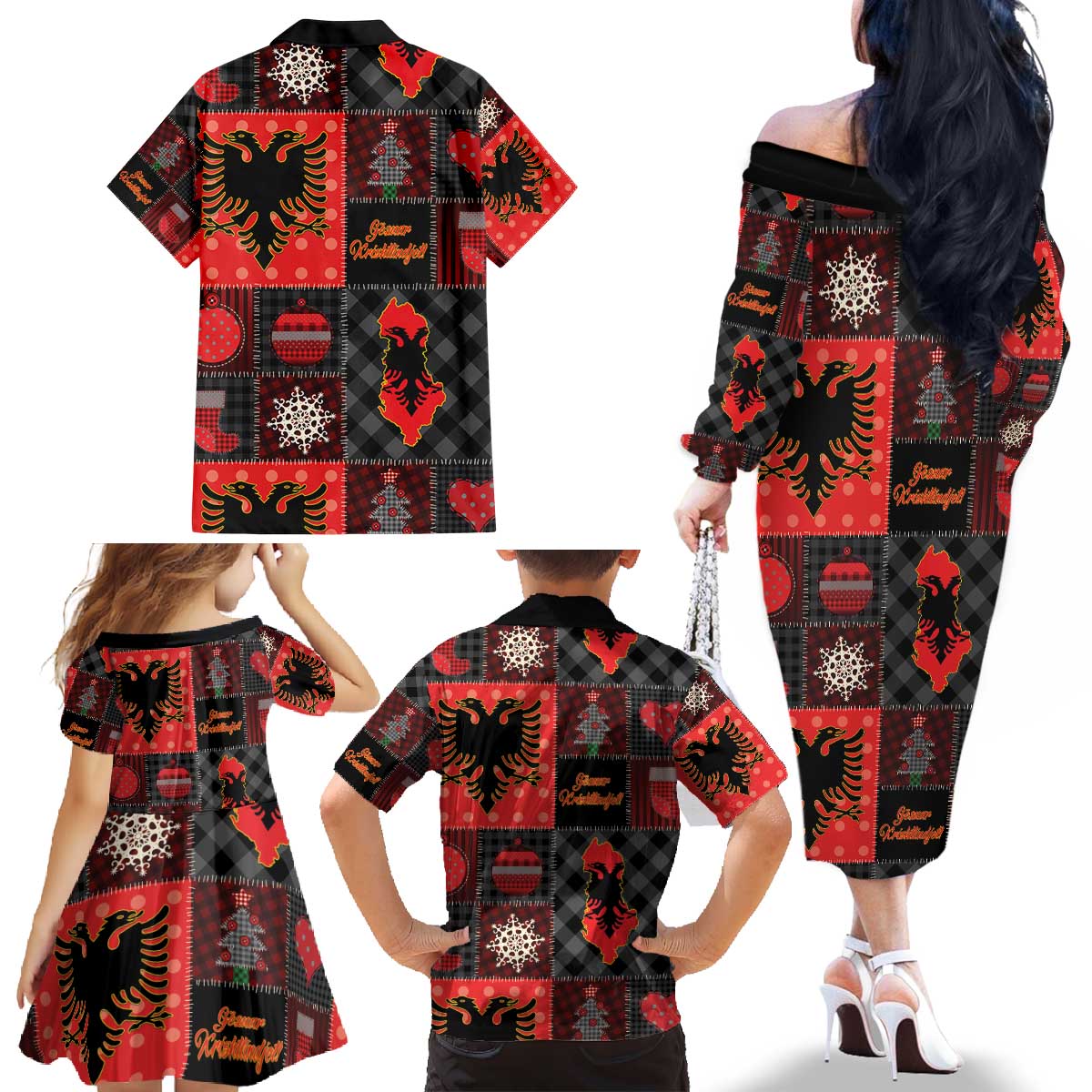 Albania Christmas Patchwork Family Matching Off The Shoulder Long Sleeve Dress and Hawaiian Shirt - Wonder Print Shop