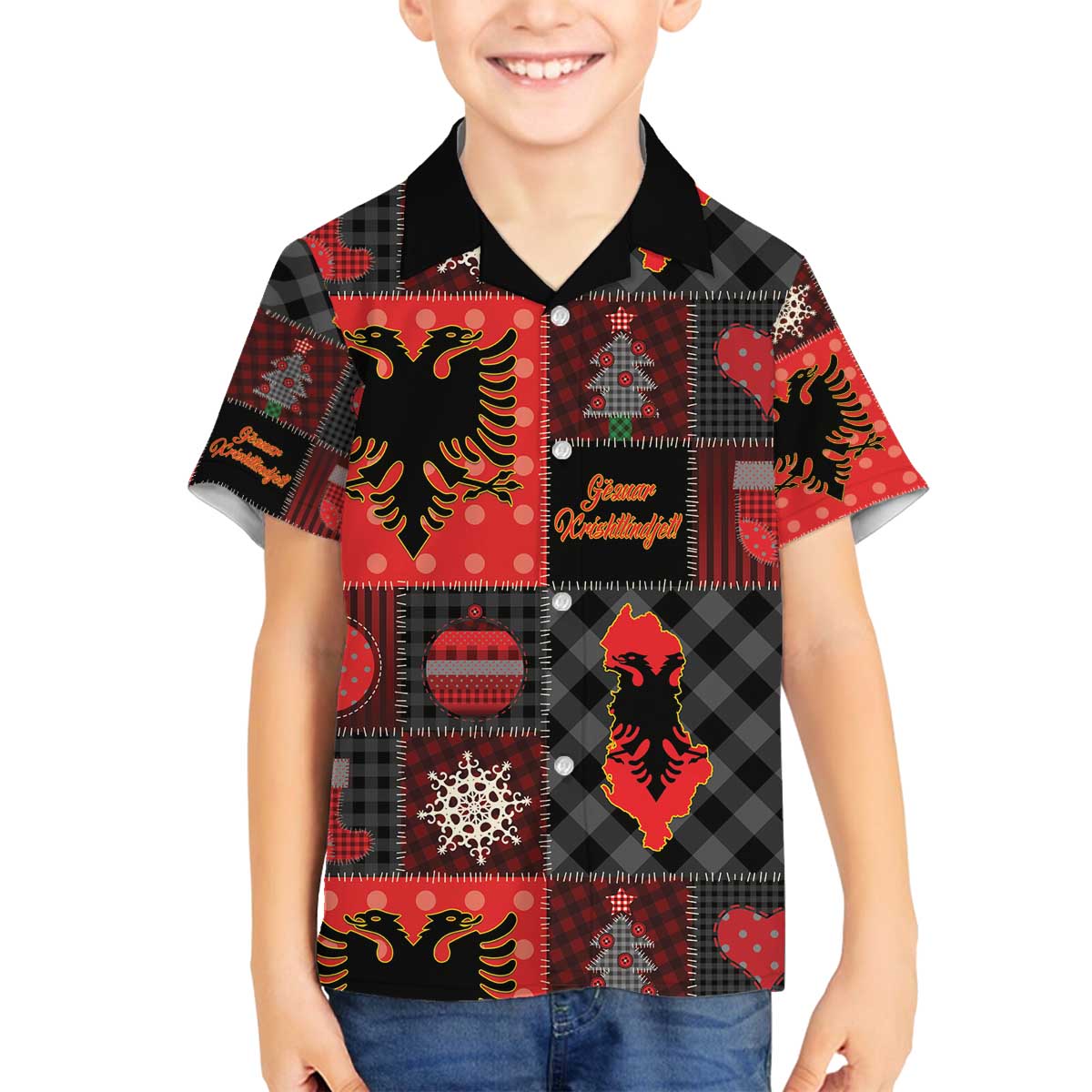 Albania Christmas Patchwork Family Matching Off The Shoulder Long Sleeve Dress and Hawaiian Shirt - Wonder Print Shop