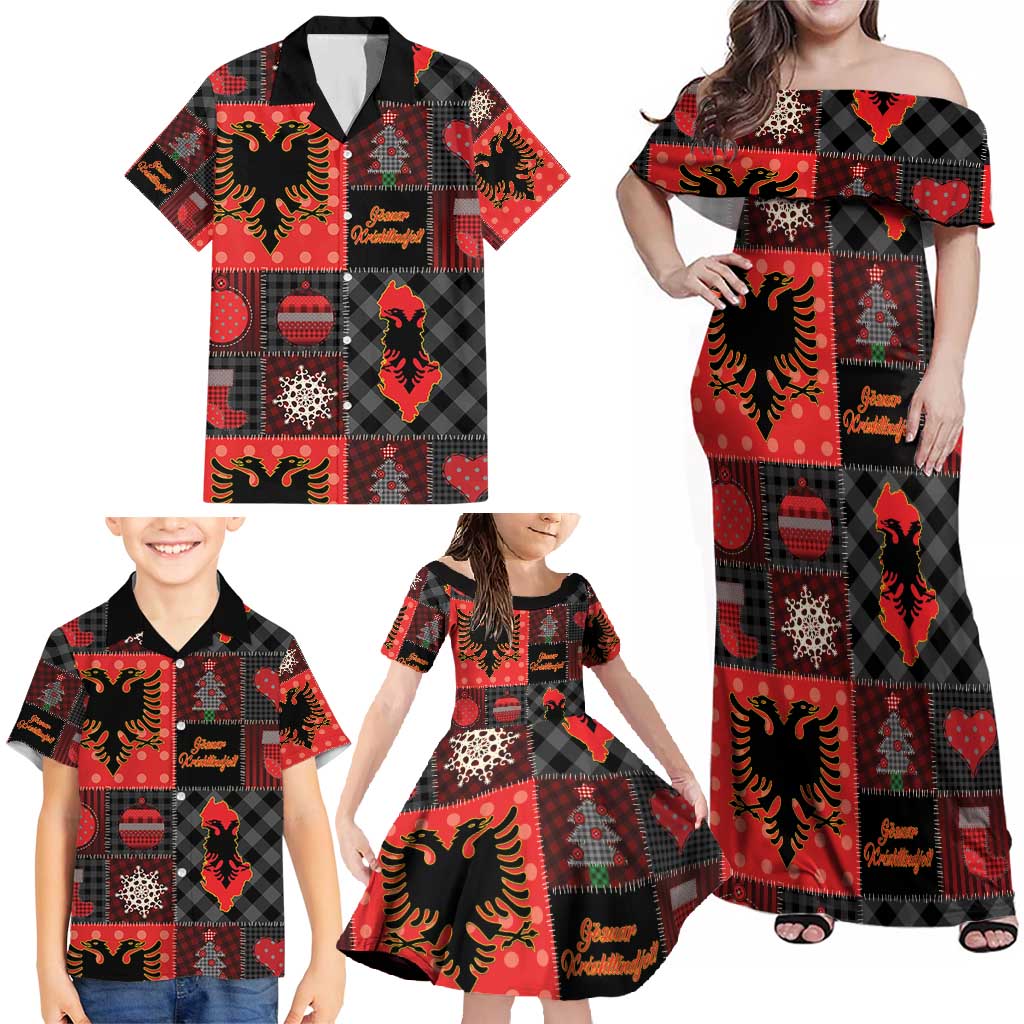 Albania Christmas Patchwork Family Matching Off Shoulder Maxi Dress and Hawaiian Shirt - Wonder Print Shop