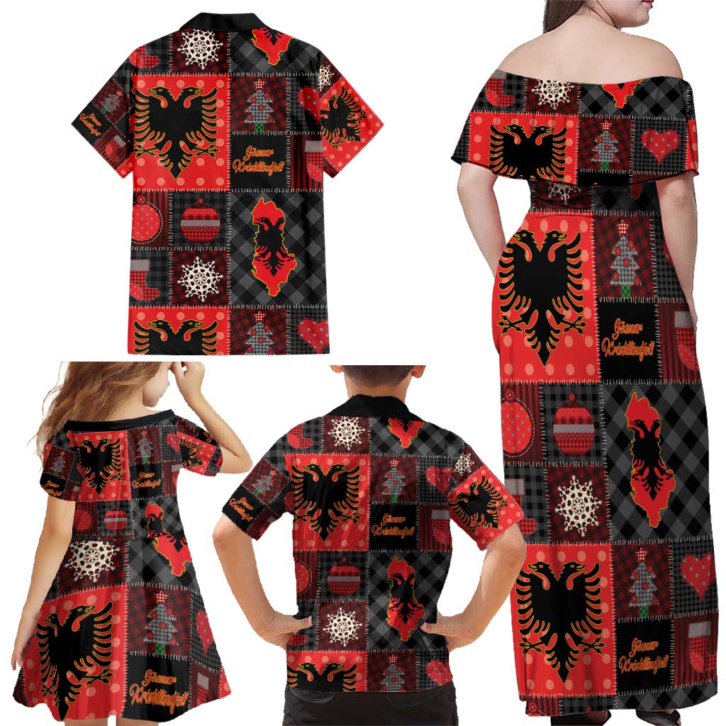 Albania Christmas Patchwork Family Matching Off Shoulder Maxi Dress and Hawaiian Shirt - Wonder Print Shop