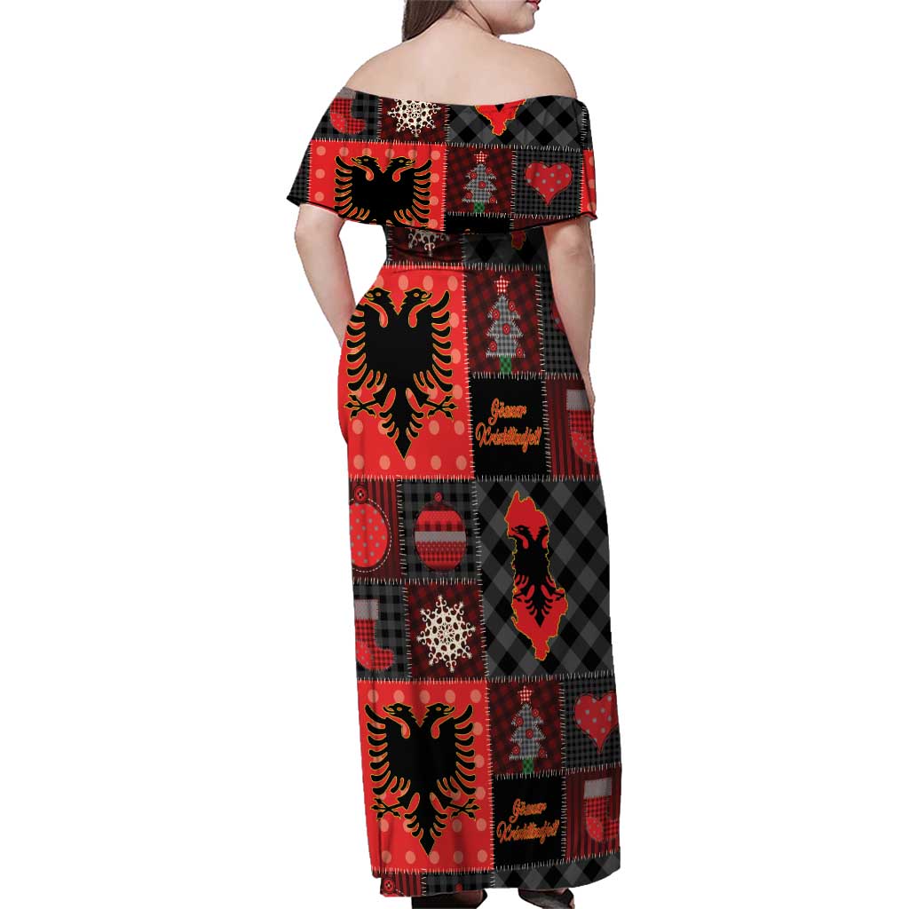 Albania Christmas Patchwork Family Matching Off Shoulder Maxi Dress and Hawaiian Shirt - Wonder Print Shop