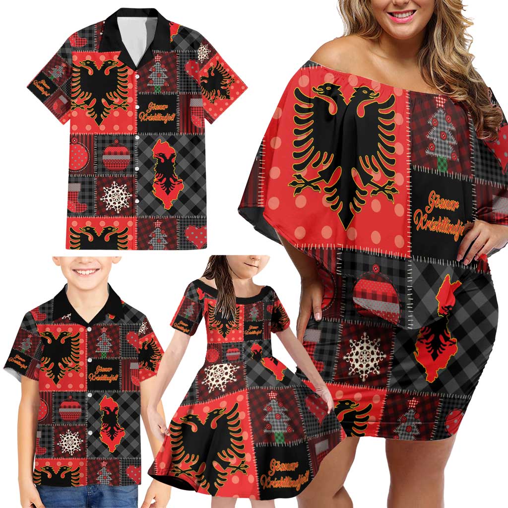 Albania Christmas Patchwork Family Matching Off Shoulder Short Dress and Hawaiian Shirt - Wonder Print Shop
