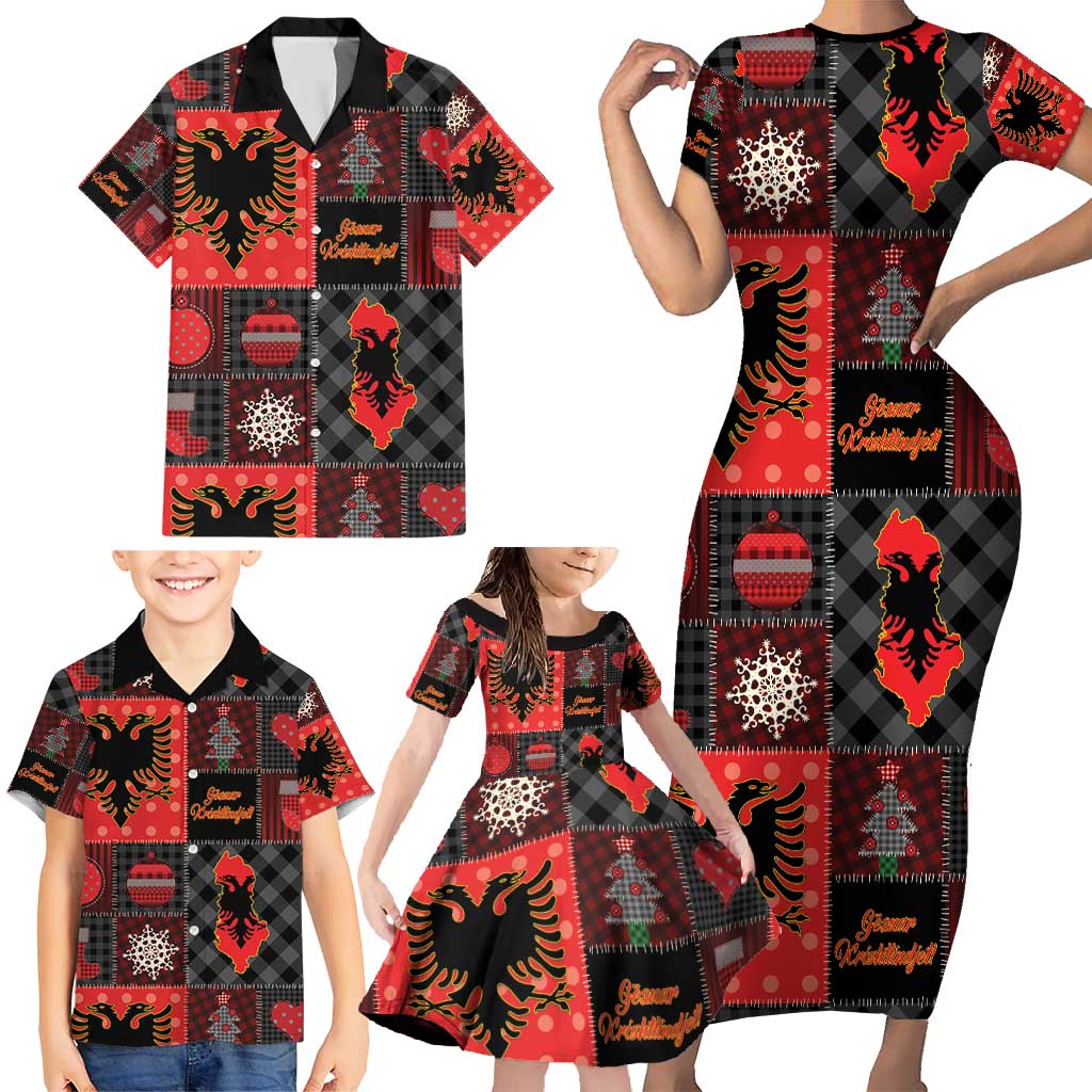 Albania Christmas Patchwork Family Matching Short Sleeve Bodycon Dress and Hawaiian Shirt - Wonder Print Shop