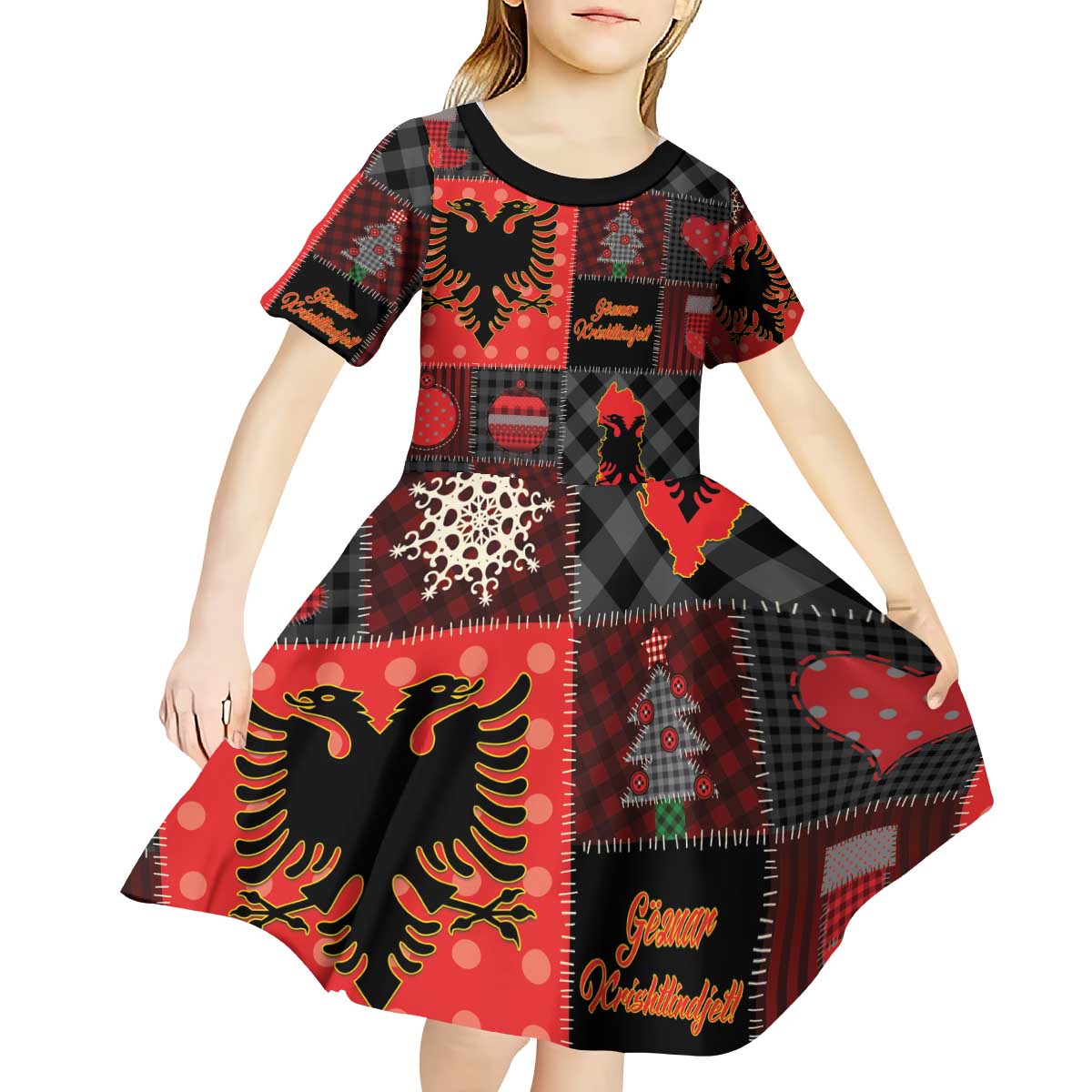 Albania Christmas Patchwork Kid Short Sleeve Dress - Wonder Print Shop