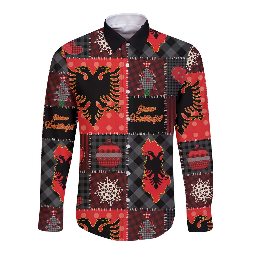 Albania Christmas Patchwork Long Sleeve Button Shirt - Wonder Print Shop